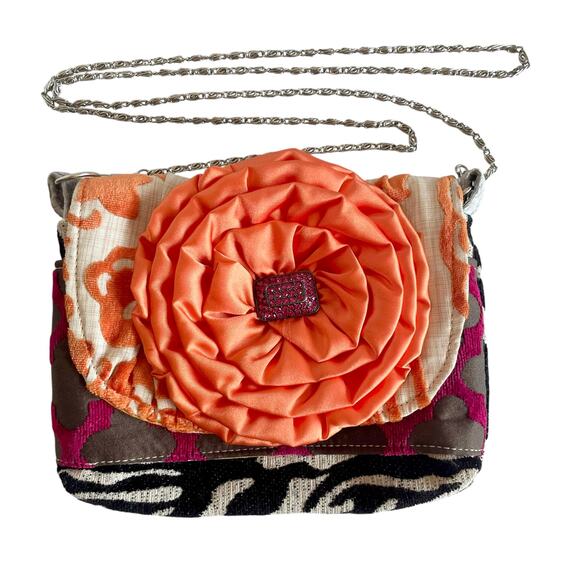 Lola Blue Small Shoulder Bag Carpet Tapestry Flower & Rhinestone Embellishments - Picture 1 of 9